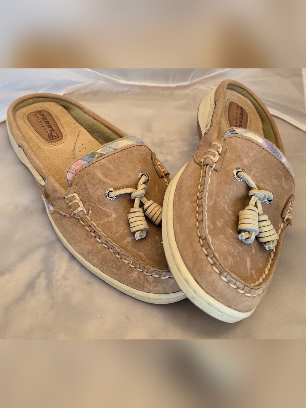 Sperry Tan Leather Slip-On Mules with Tassel Detail